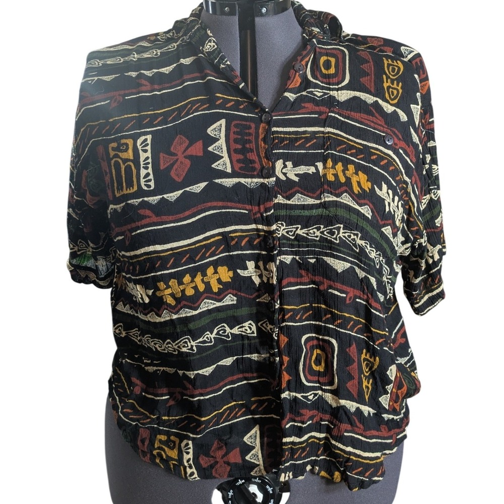 Vintage 90s Aztec Geometric Button Down 1X Goblincore Grunge Dark Boho
